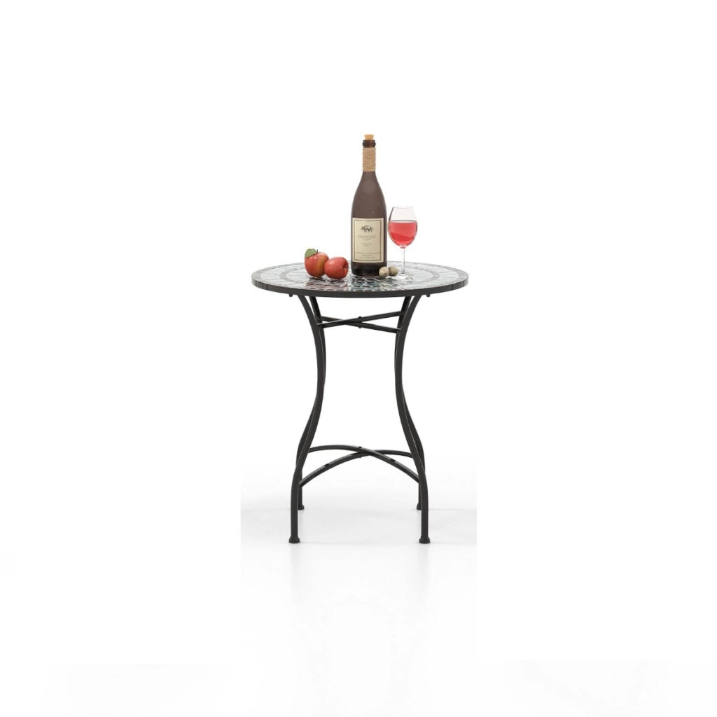 Tavolo da bistrot da esterno con attraente motivo a mosaico, Tavolo da pranzo in metallo robusto per interno 60x72cm-Set mobili da esterno