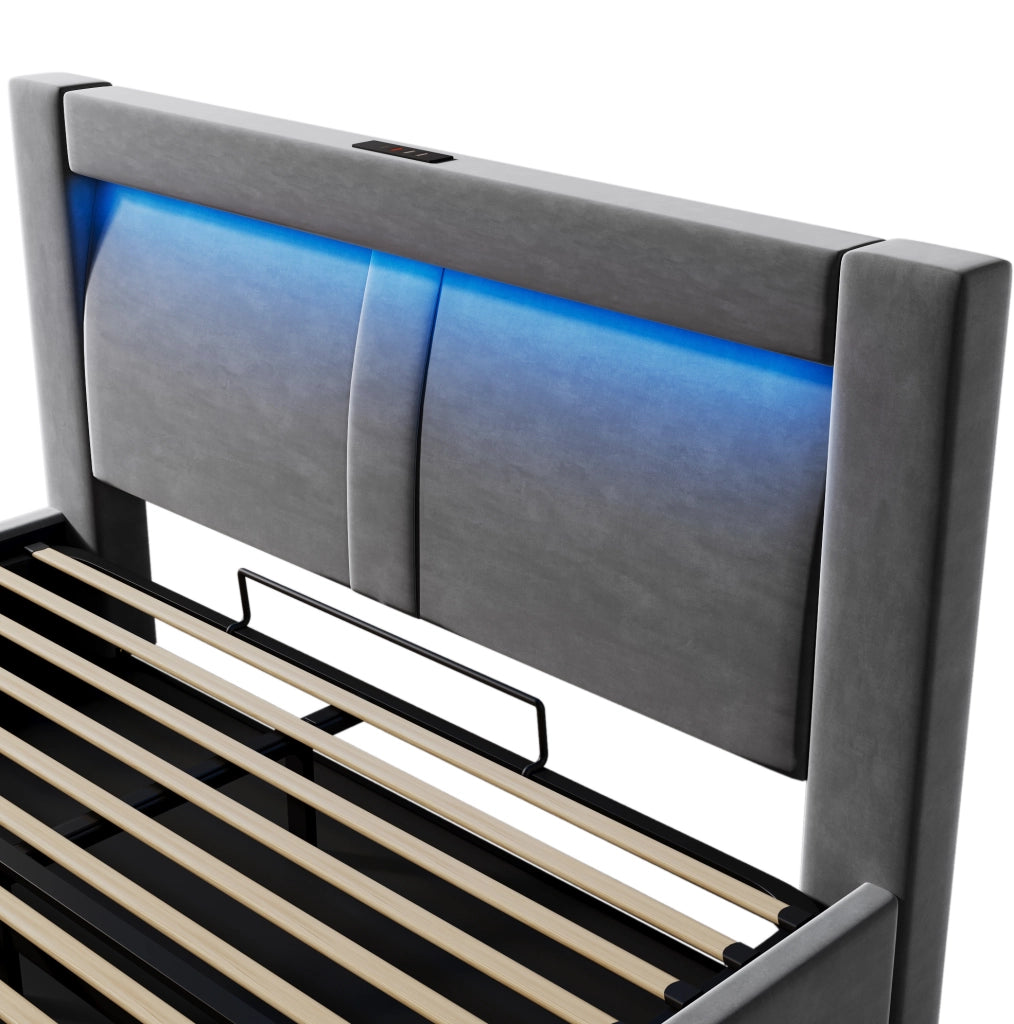 Letto matrimoniale 140x200 cm con contenitore; LED; USB e Type-C; in velluto grigio