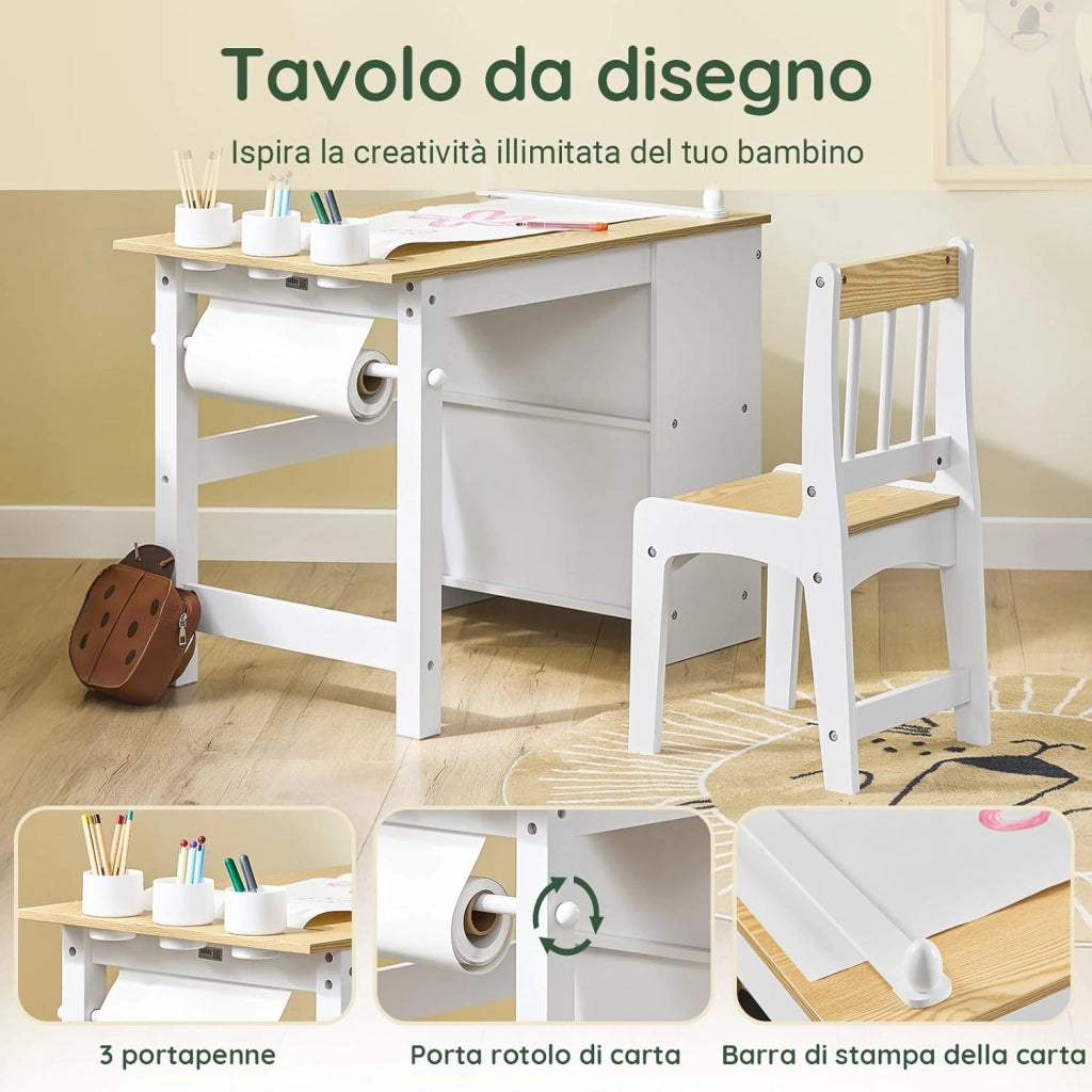 Tavolino Bambini con 1 Sedia, Set Tavolo e Sedie per Bambini Multiattività con 2 Ripiani, Tavolo Disegno e Gioco, Sedia Scrivania Cameretta Bianco e Naturale 80x50x66cm KMB60-WN