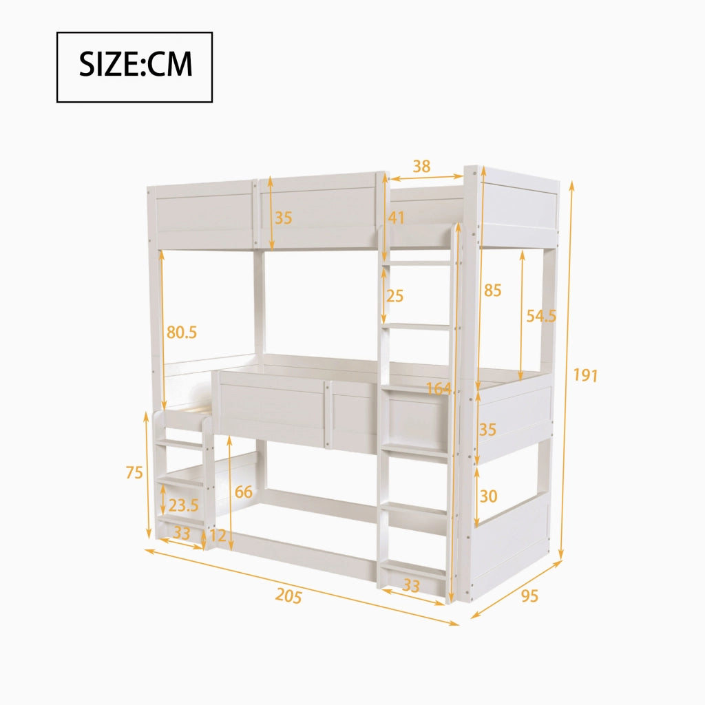 OKWISH Letto a Castello 90×200 cm, Letto 3 Posti con Sponde di Sicurezza e Struttura Modulare, senza Materasso, in Legno, Bianco