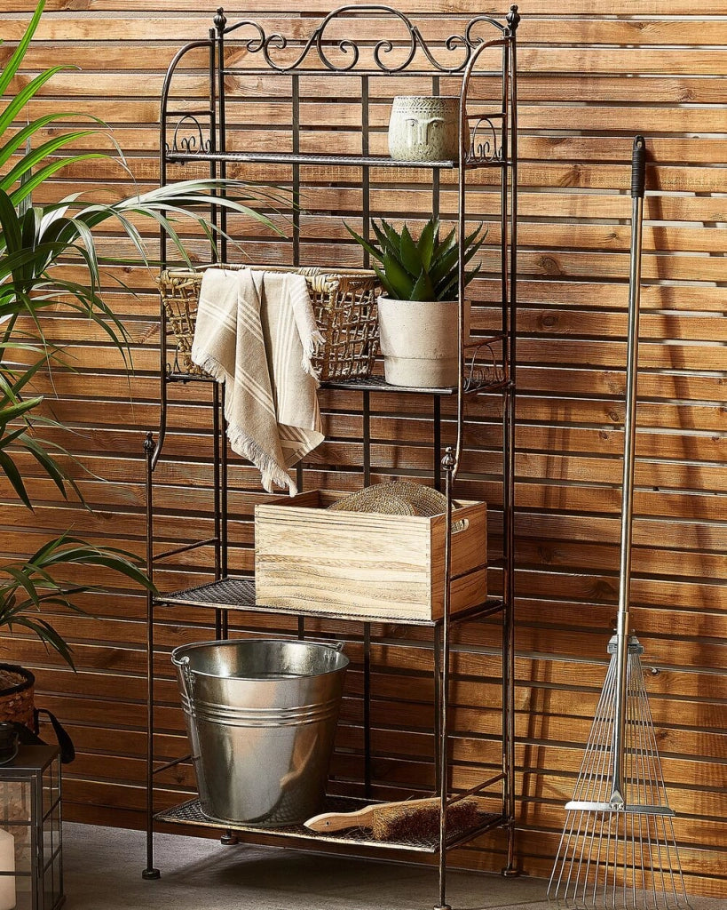 Scaffale per piante in metallo Nero per esterni interni giardino bagno rustico 4 ripiani portaoggetti da giardino autoportante