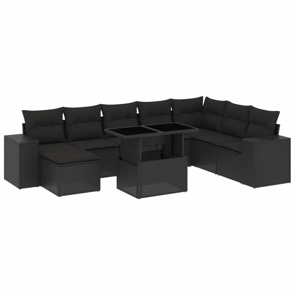 Set Divani da Giardino 9 pz con Cuscini Nero in Polyrattan