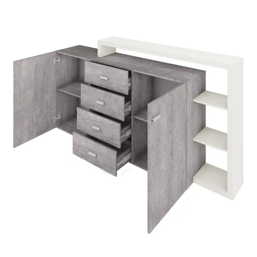 Credenza con scaffale integrato collezione BERGAMO 180cm. Colori grigio e bianco. Stile design.