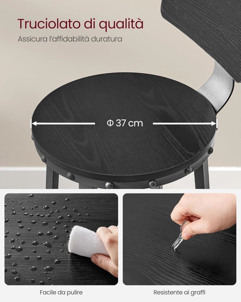VASAGLE Sgabello da Bar, Set di 2 sgabelli da Bar, sedie da Cucina con Struttura in Metallo, Altezza Seduta 73 cm, Facile Installazione, Design Industriale, Ebano Nero LBC026B56V1