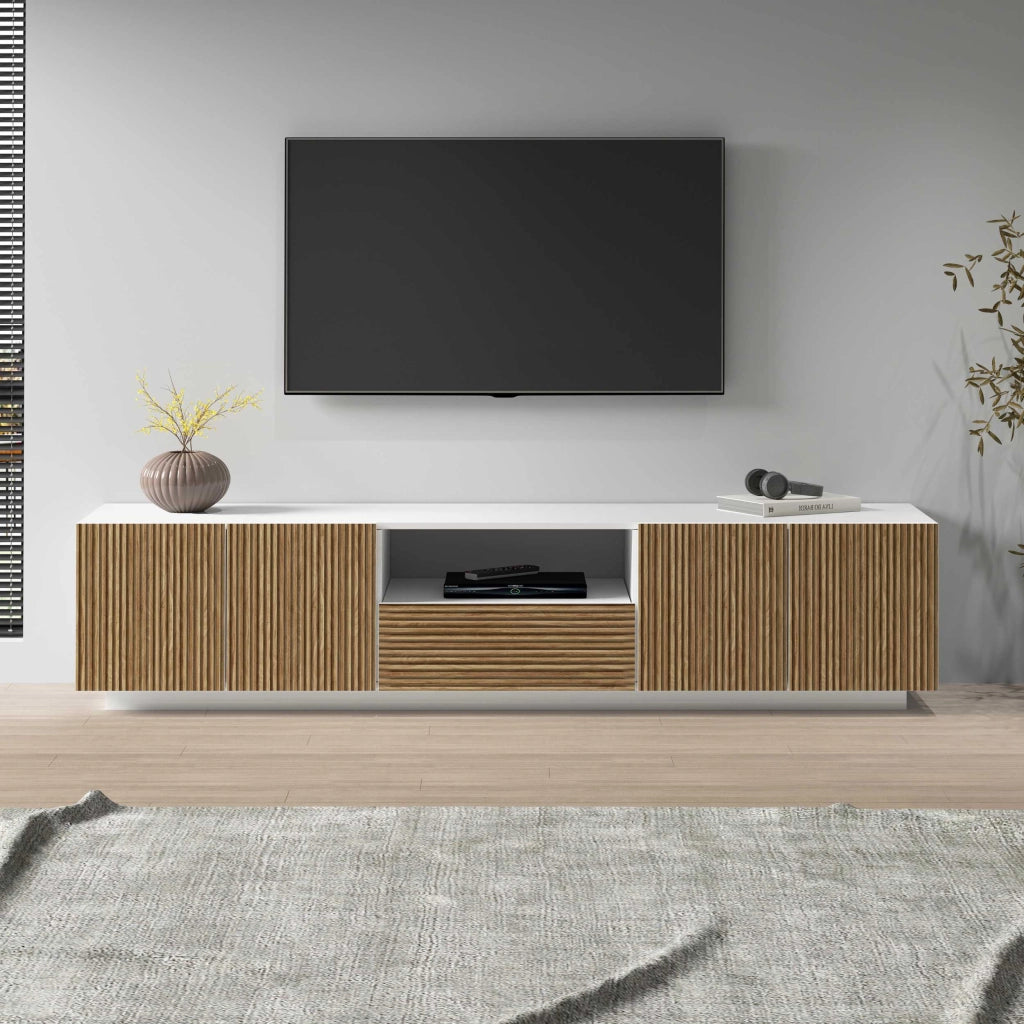 WHOUS Mobile porta tv Coste a 4 ante 1 cassetto e 1 vano bianco/legno chiaro 220,1x43x46 cm