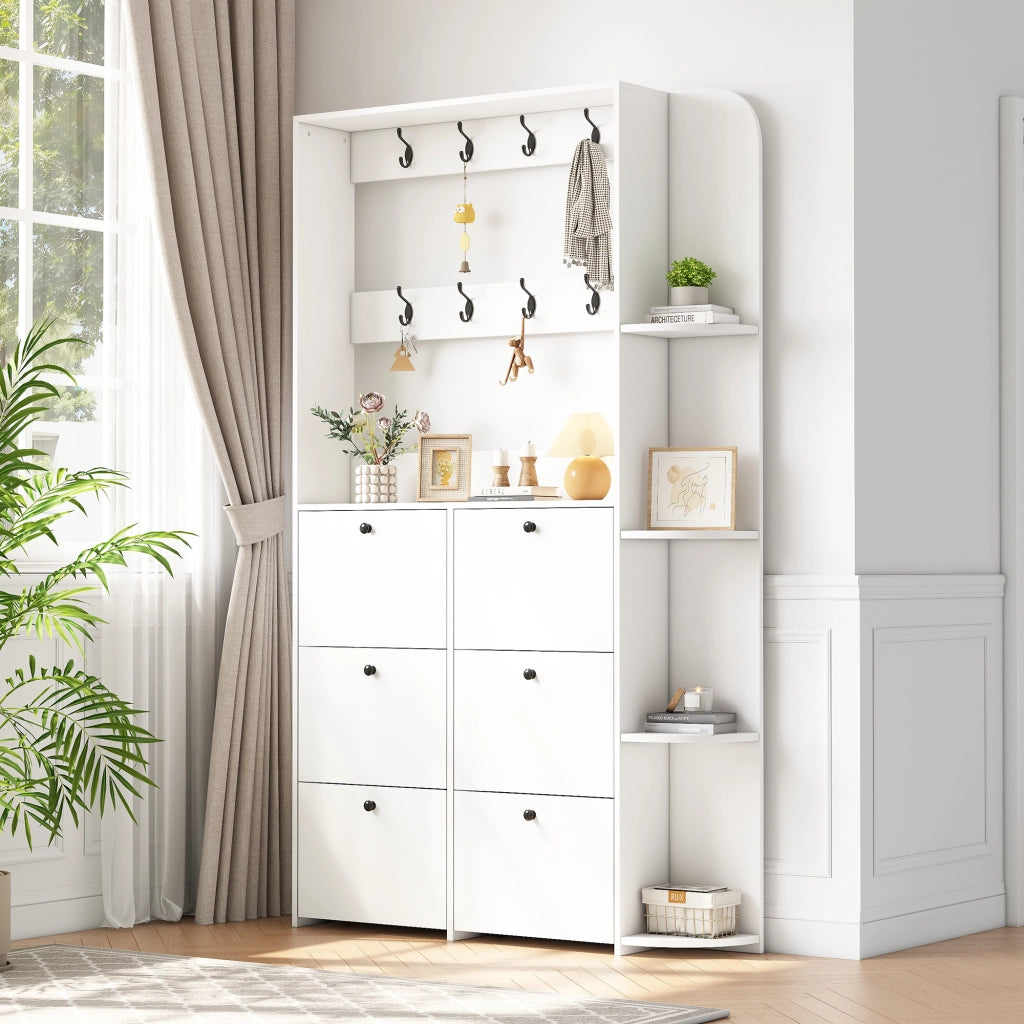 Garderoba da ingresso salvaspazio 120 x 24 x 200 cm con 8 ganci, 6 scarpiere a ribalta e 4 ripiani laterali, bianco