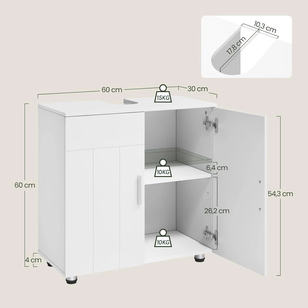 Mobile Sottolavabo per Bagno in MDF, Armadietto Salvaspazio con Ripiano Regolabile Mobiletto, Mobile Copricolonna con Maniglie e Gambe in Metallo, Bianco, Argento, 60x30x60cm