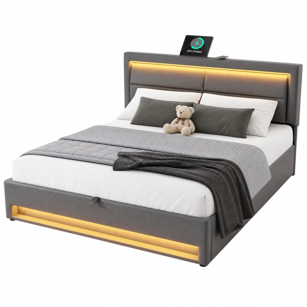 Letto imbottito 160 x 200 cm in PU grigio con USB, illuminazione LED e vano contenitore, senza materasso