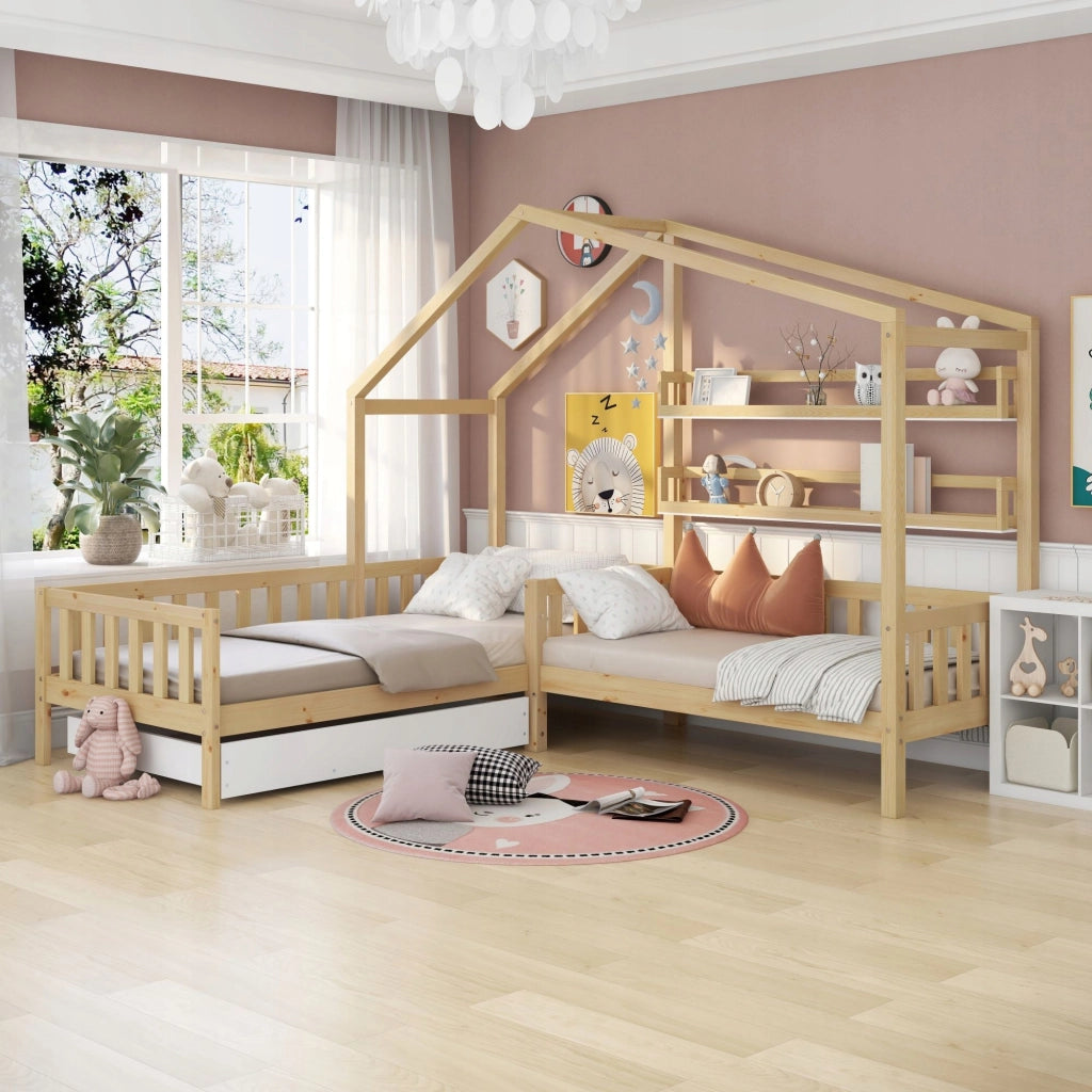 Letto per bambini con cassetti e ripiani - Xylo - 90x200+140x70 - Naturale