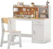 Set Scrivania e Sedia per Bambini 3+ Anni, Tavolo da Scrittura in Legno con Mensole, Cassetto e Bacheca in Sughero, Tavolo e Sedia per Disegno e Studio (Naturale)