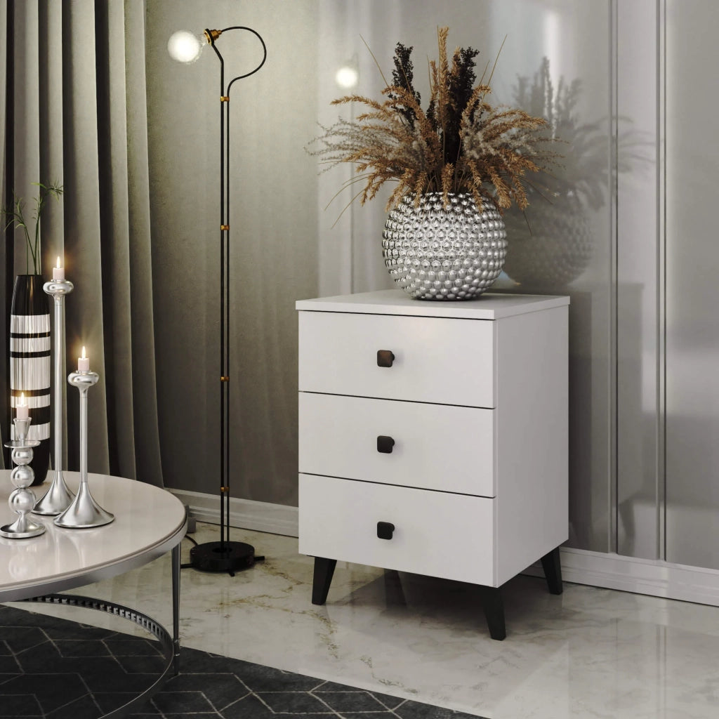Comodino AKORD MOBI color bianco con 3 cassetti L40 x H58 x P37 cm