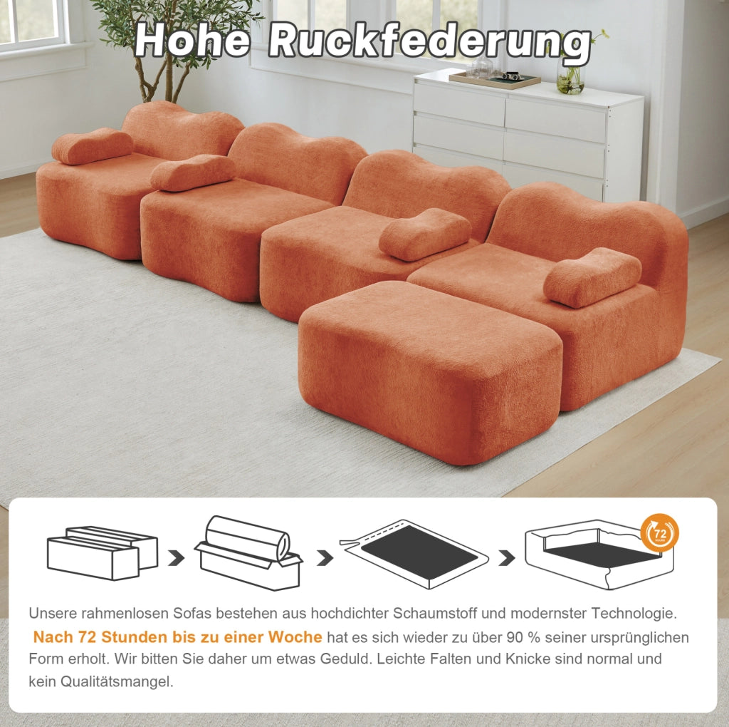 Divano angolare modulare 384x167x70 cm in velluto arancione con pouf collegabile