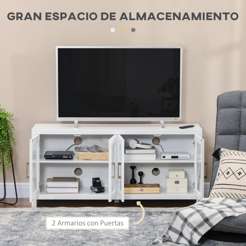 Mobile TV per televisori fino a 58 pollici con 4 ante in vetro e ripiani regolabili ¨C zephmum ¨C 130x35x60 cm bianco