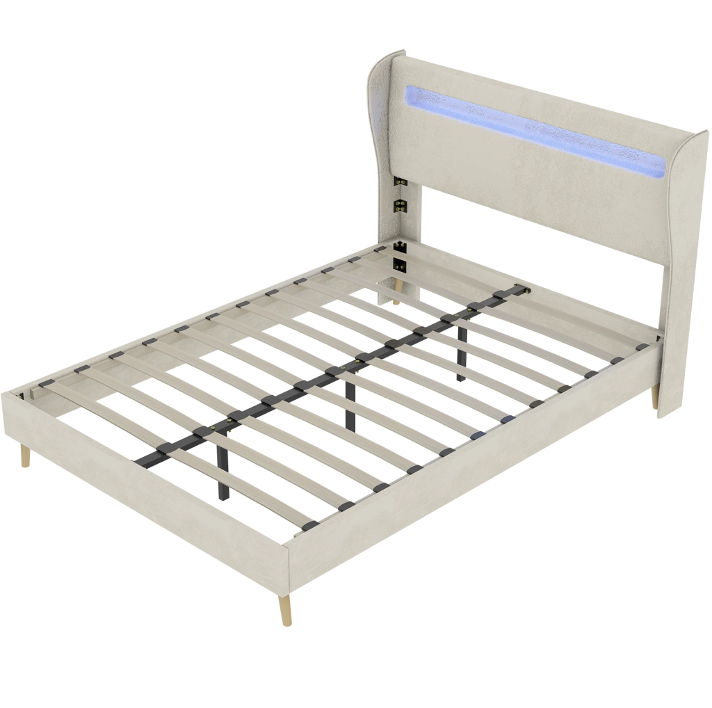 Letto imbottito con LED regolabili, 140x200 cm, tessuto e metallo, beige