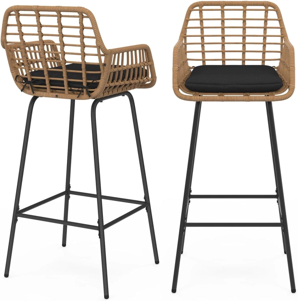 Set di 2 sgabelli da bar SUMMER con braccioli effetto rattan beige e gambe in metallo nero