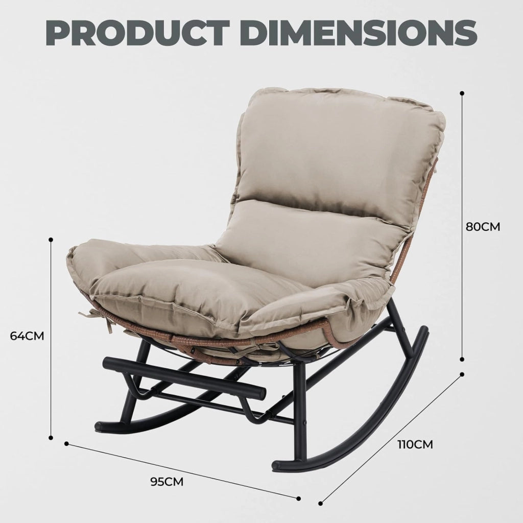 Sedia a dondolo, poltrona relax, struttura in acciaio, poggiapiedi estraibile, portata fino a 136 kg, per dormire, soggiorno, terrazza, giardino, marrone chiaro