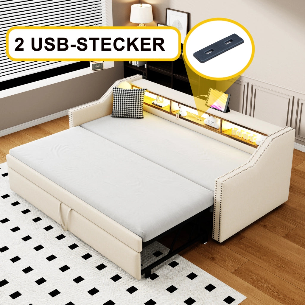 Letto divano estraibile 90 × 190 cm et 180 × 190 cm con 3 ripiani, LED, USB, con 2 materassi, beige