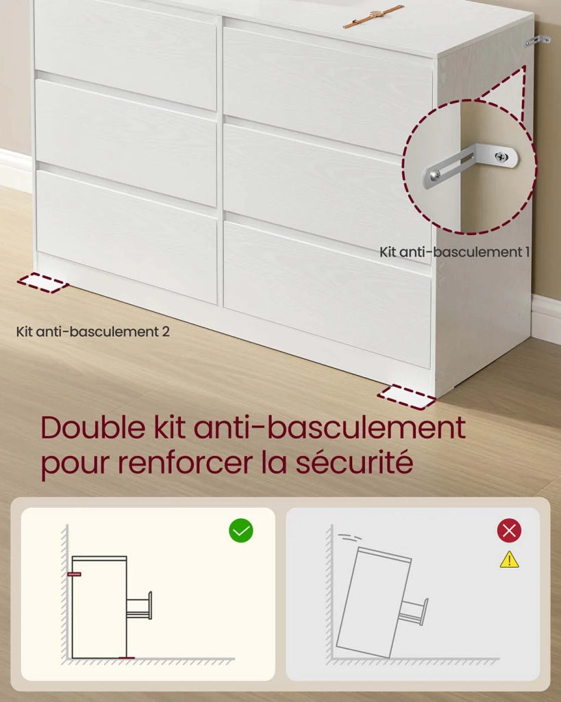 Cassettiera per camera da letto a 6 cassetti mobiletto portaoggetti appendiabiti 40 x 119,4 x 75 cm stile moderno bianco 12_0008005