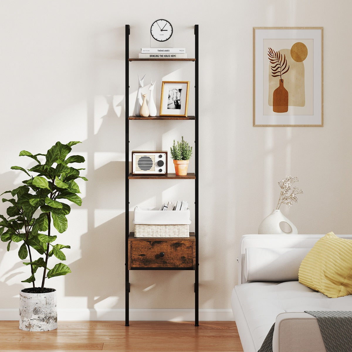 Libreria a scala a 5 ripiani con cassetto-Scaffale da parete alto 177,5 cm con struttura in metallo Marrone