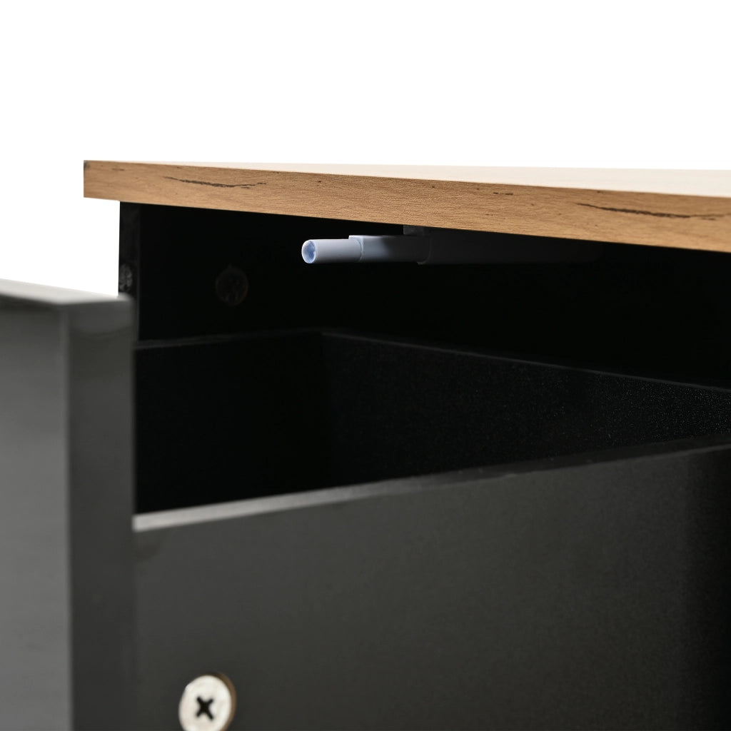 Tavolino basso quadrato con 3 cassetti e vano aperto, finitura lucida, per soggiorno, nero e legno, 70 × 70 × 31,5 cm