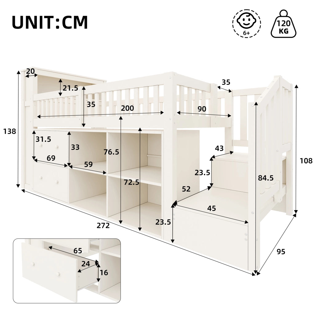 Letto rialzato per bambini 90x200 cm con cassetti; vani portaoggetti; scala contenitore e LED; bianco
