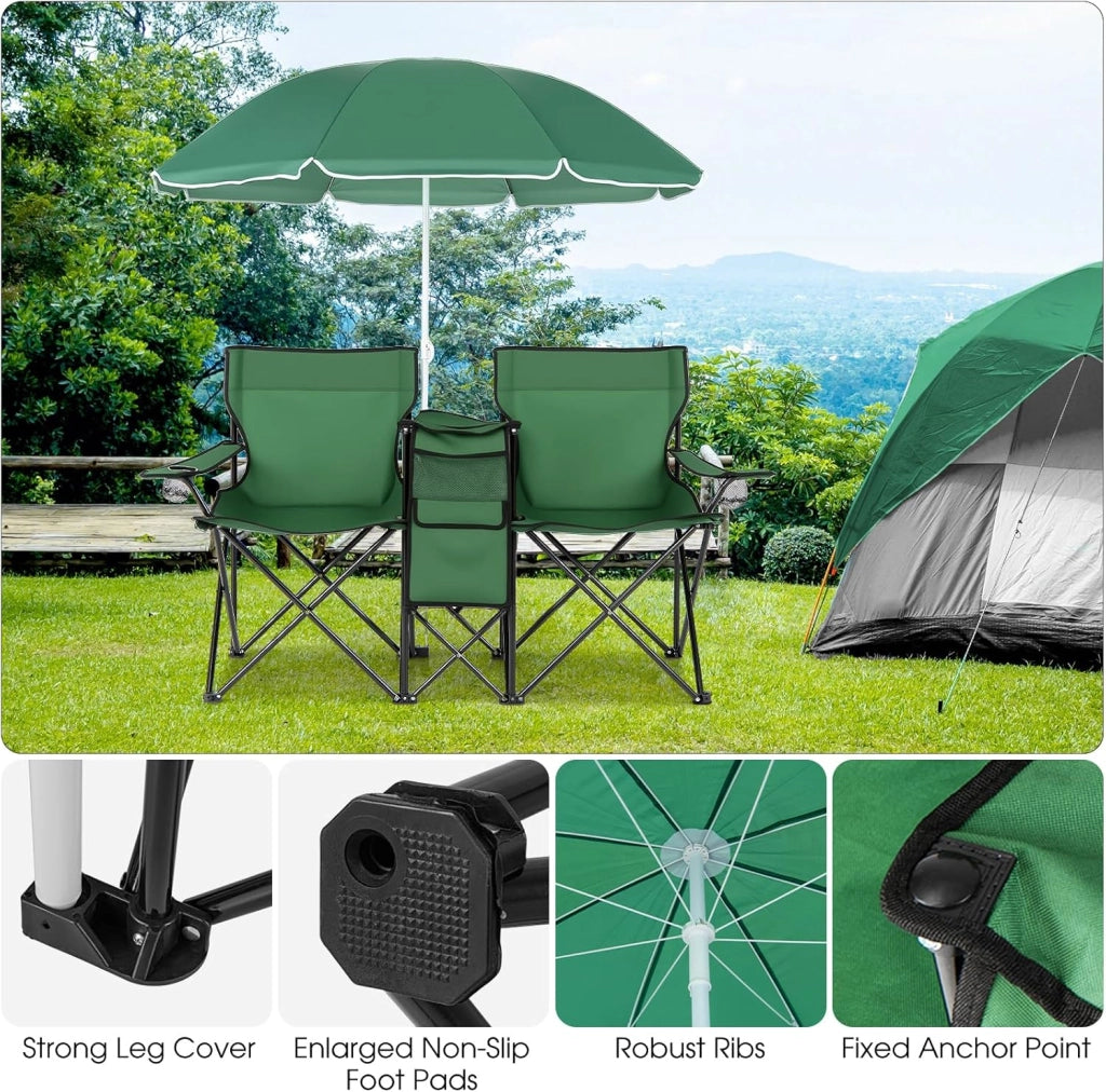 2 Sedie da Campeggio con Ombrellone, Pieghevole Doppia Sedia da Pesca con Portabicchieri e Borsa Frigo, Sedia Pieghevole per 2 Persone, 4 Colori (Verde)