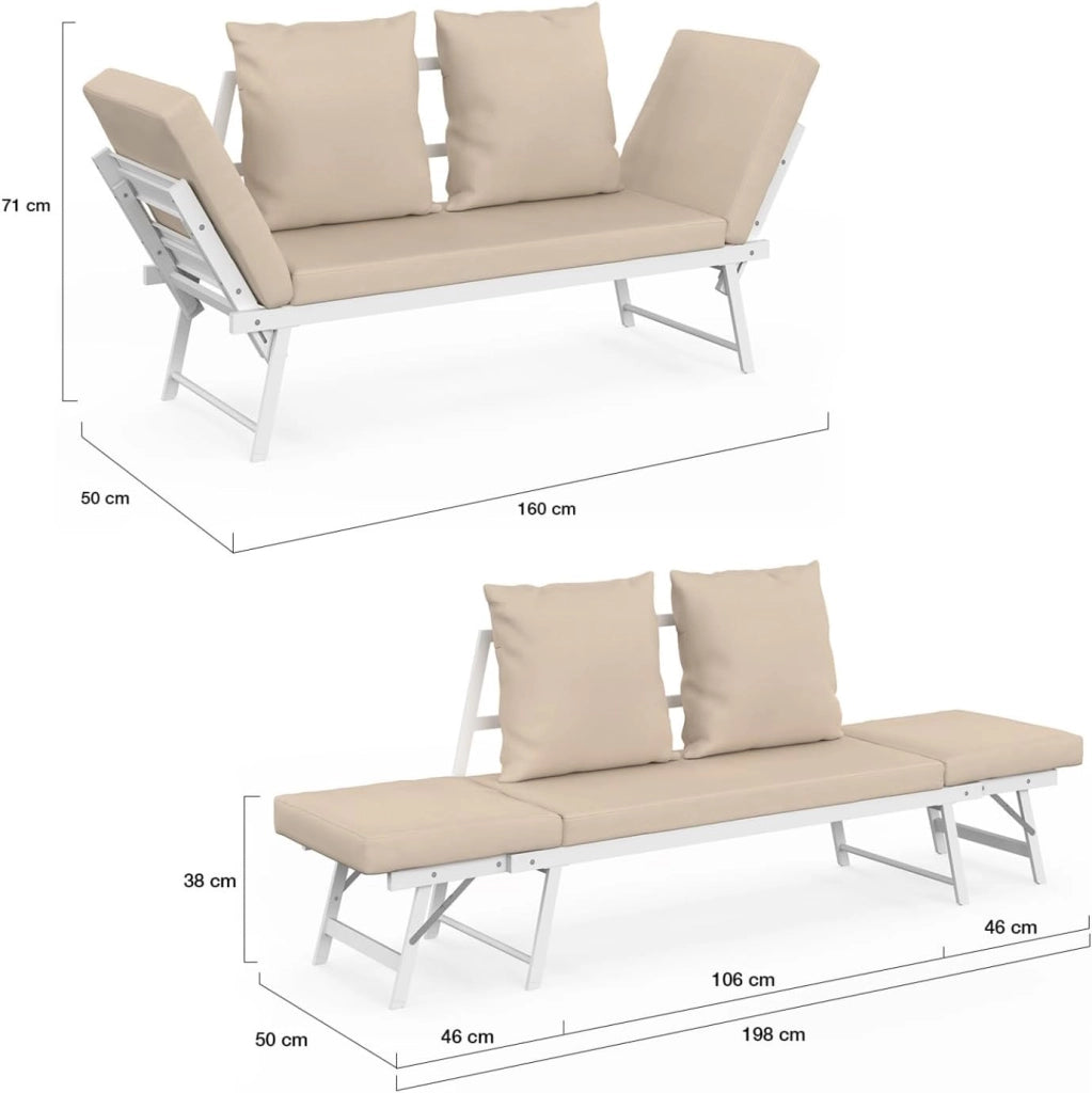 Divano da Giardino, Panca trasformabile NOLA 2/3 posti con braccioli reclinabili in Metallo Bianco e Cuscini Beige