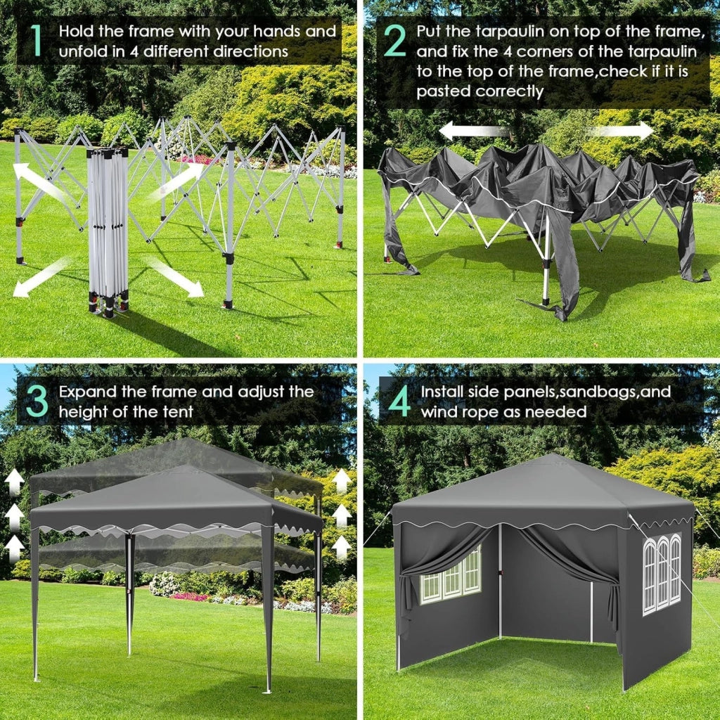 Gazebo 3x3, Tenda de Giardino, Gazebi Pieghevole con Oxford 420D, Pergola Impermeabile, Fête Tente Regolabile in Altezza, Protezione UV 50+, per Spiaggia, Cortile, Giardino, Grigio Scuro