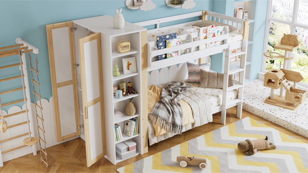LETTO A CASTELLO 90x200 cm Bianco+Naturale con scala a 4 gradini e armadio laterale