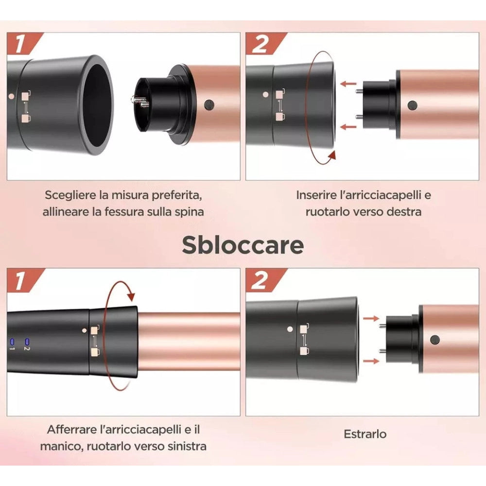 Trade Shop - Set 5in1 Piastra Capelli 3 Coni Arricciacapelli Lisci Onde Ceramica Riscaldamento Rapido -