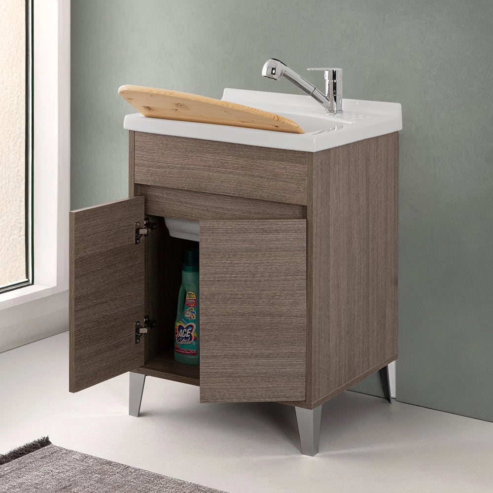 Mobile lavatoio 60x50 rovere scuro Way con vasca in ceramica Dolomite