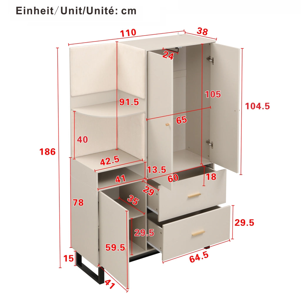 Mobile Ingresso Con 1 Anta; 2 Cassetti E Barra Estraibile; Pannelli Imbottiti; in MDF; 110??38??186 cm; Beige E Grigio