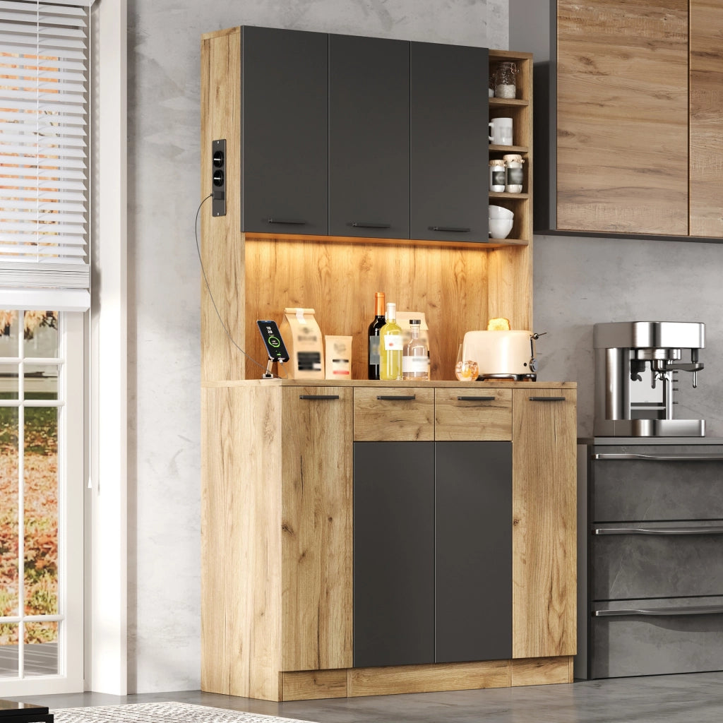 Dispensa alta con LED e presa, 4 vani aperti e ripiani regolabili per cucina, in MDF nero naturale, 100 × 40 × 180 cm
