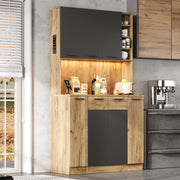 Dispensa alta con LED e presa, 4 vani aperti e ripiani regolabili per cucina, in MDF nero naturale, 100 × 40 × 180 cm