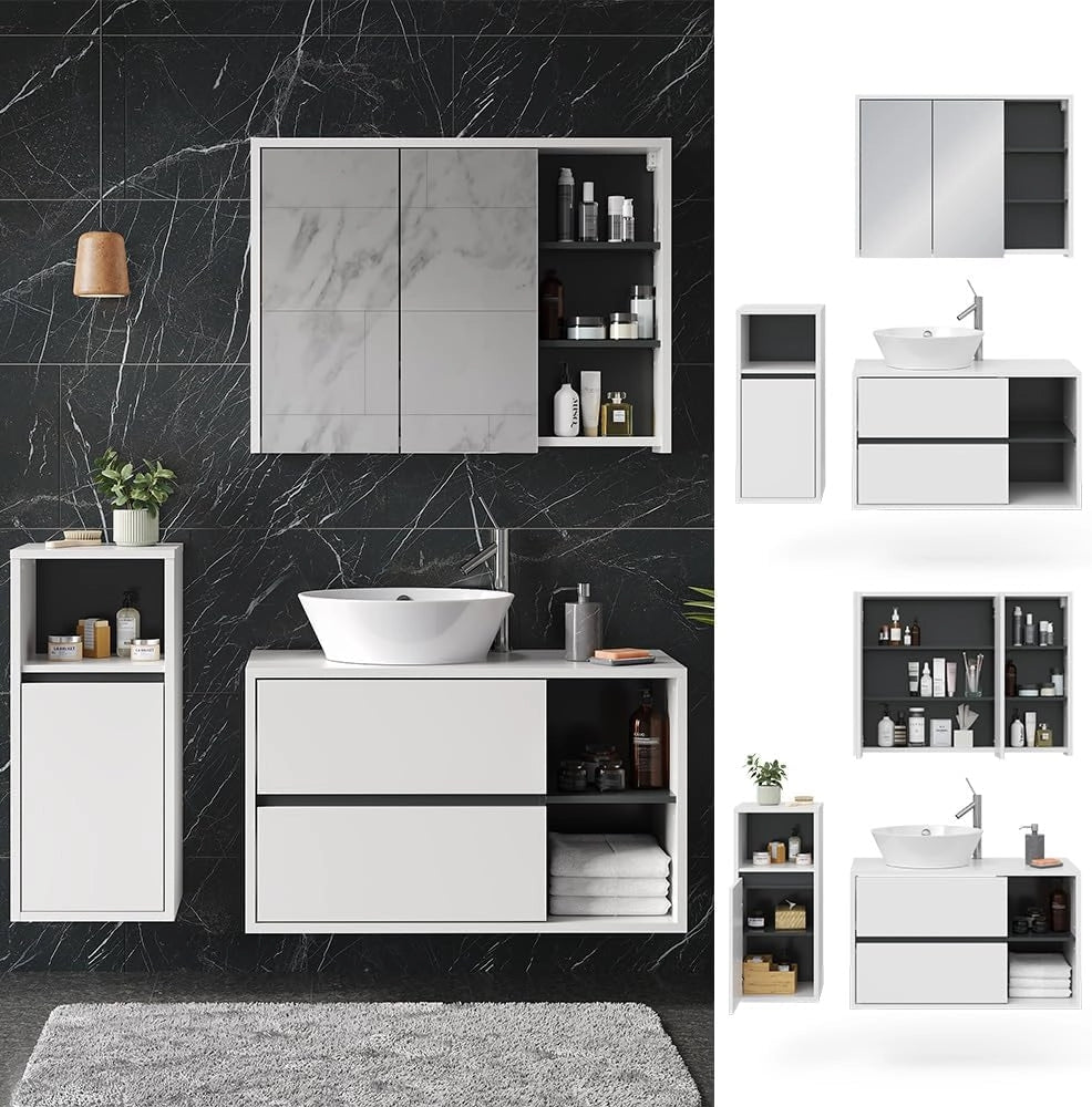 Set mobili bagno Viola, Bianco, 100 cm, composto da mobile sottolavabo, specchiera e mobile medio