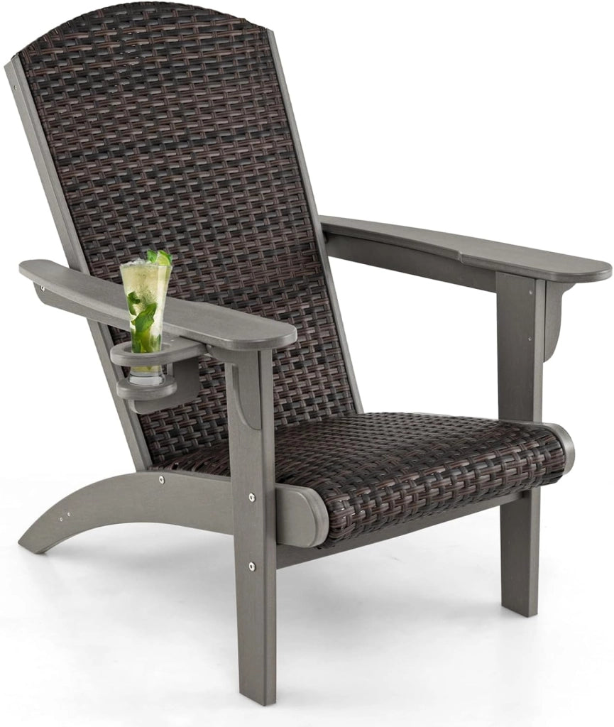 Sedia Adirondack da Giardino, Sedia da Lounge HDPE con Sedile e Schienale Imbottiti in Rattan, Porta Tazza Nascosto, Poltrona per Esterno Giardino Prato, Portata 150 kg (Grigio)