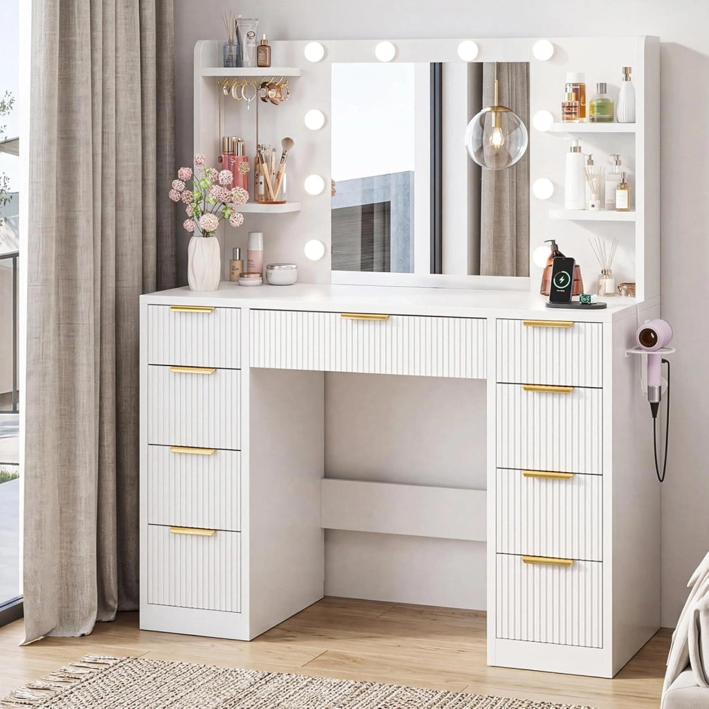 Mobile da Trucco Moderno con Illuminazione e Presa - Grande Comodino con Specchio, 9 Cassetti e Porta Phon, Tavolo Vanity per il Make-up (Nero)