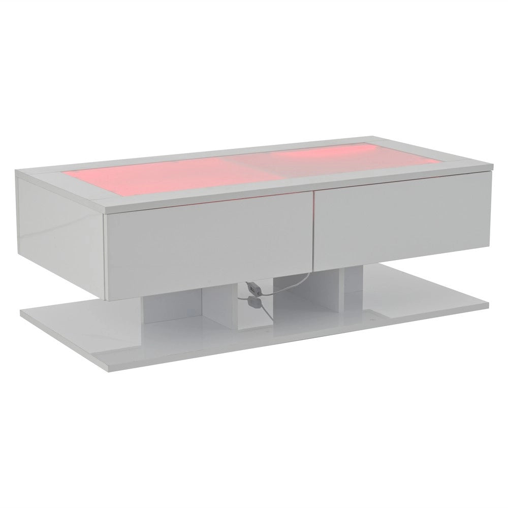 Tavolino da Caff¨¨ con LED e Cassetti ¨C MINIMAL ¨C Piano in Vetro, Bianco Lucido, 100x50x35