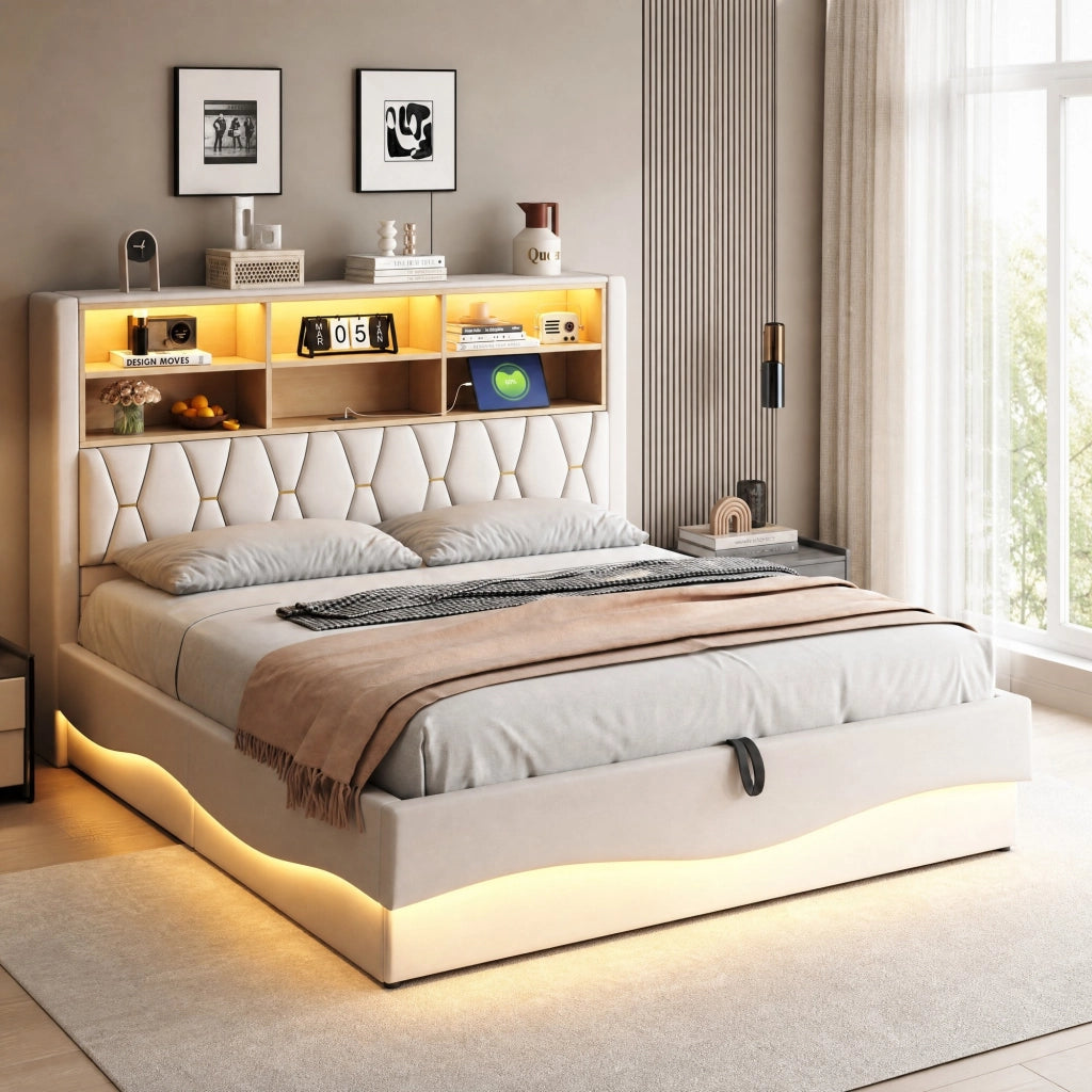 DESMIU Letto contenitore 180 × 200 cm 2 posti con LED, USB, vano contenitore idraulico e ripiano, senza materasso, beige