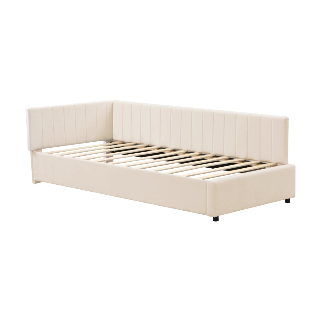 Letto singolo imbottito 90 ¡Á 200 cm con rete a doghe in velluto beige e testiera reversibile