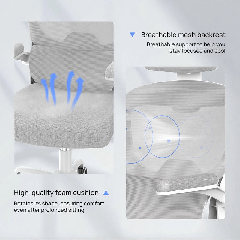 Sedia da ufficio ergonomica - Poltrona HAMLODY - con braccioli pieghevoli a 90° - Supporto lombare - Regolabile in altezza Grigio