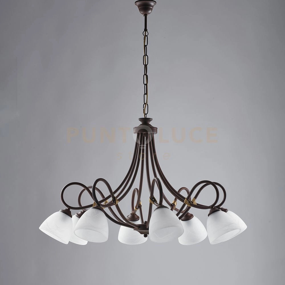 Lampadario in ferro laccato nero con decorazione effetto ruggine e rifiniture oro antico con diffusori in vetro diametro 13 alabastro bianchi 8 luci