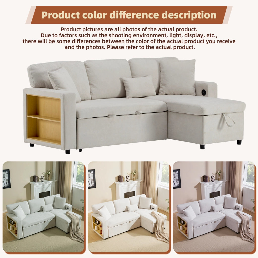 Divano angolare convertibile 4 posti con chaise longue reversibile, USB, vano contenitore e cuscini in flanella beige