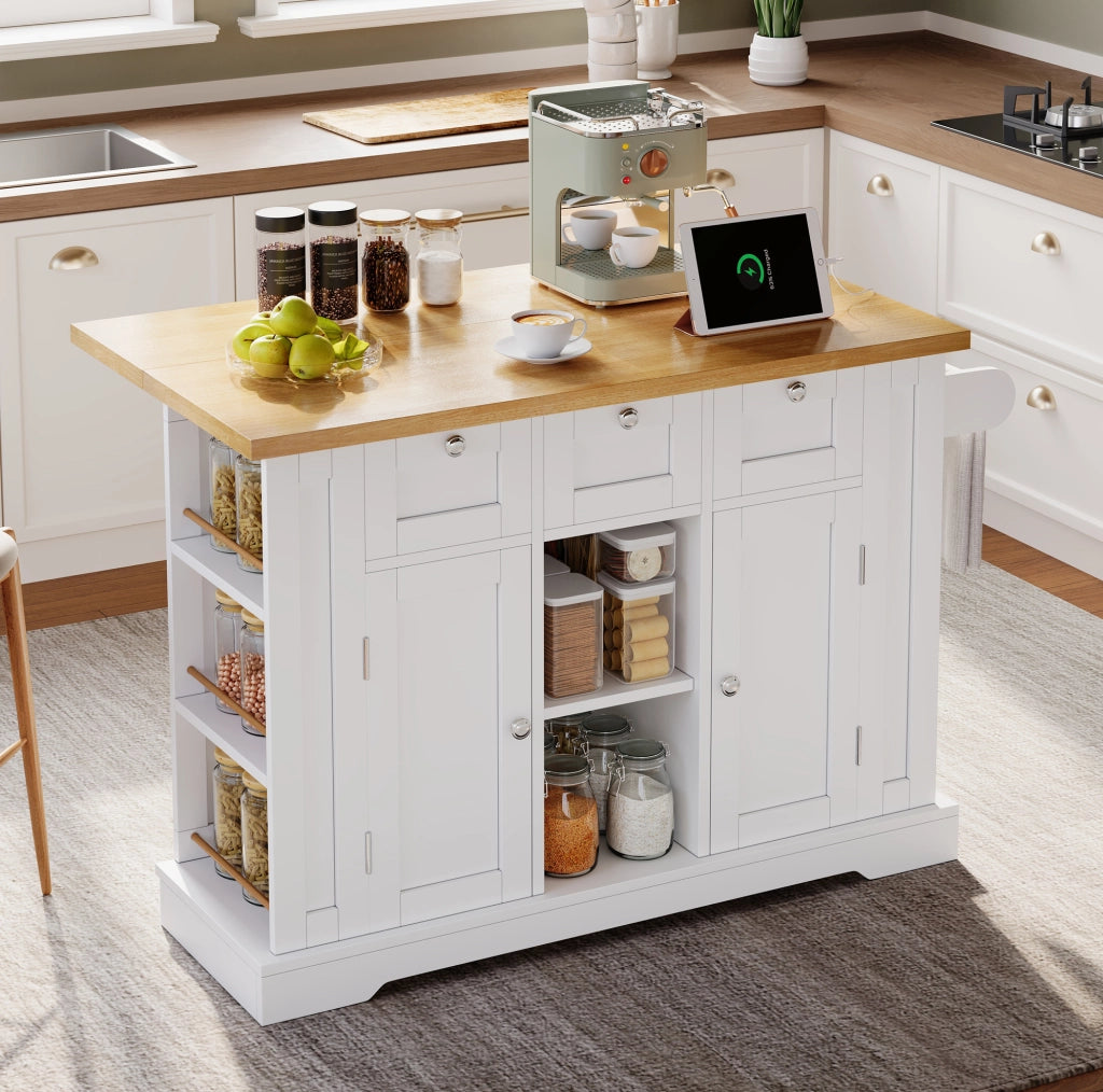 Isola cucina mobile con piano pieghevole e presa USB, 132 cm