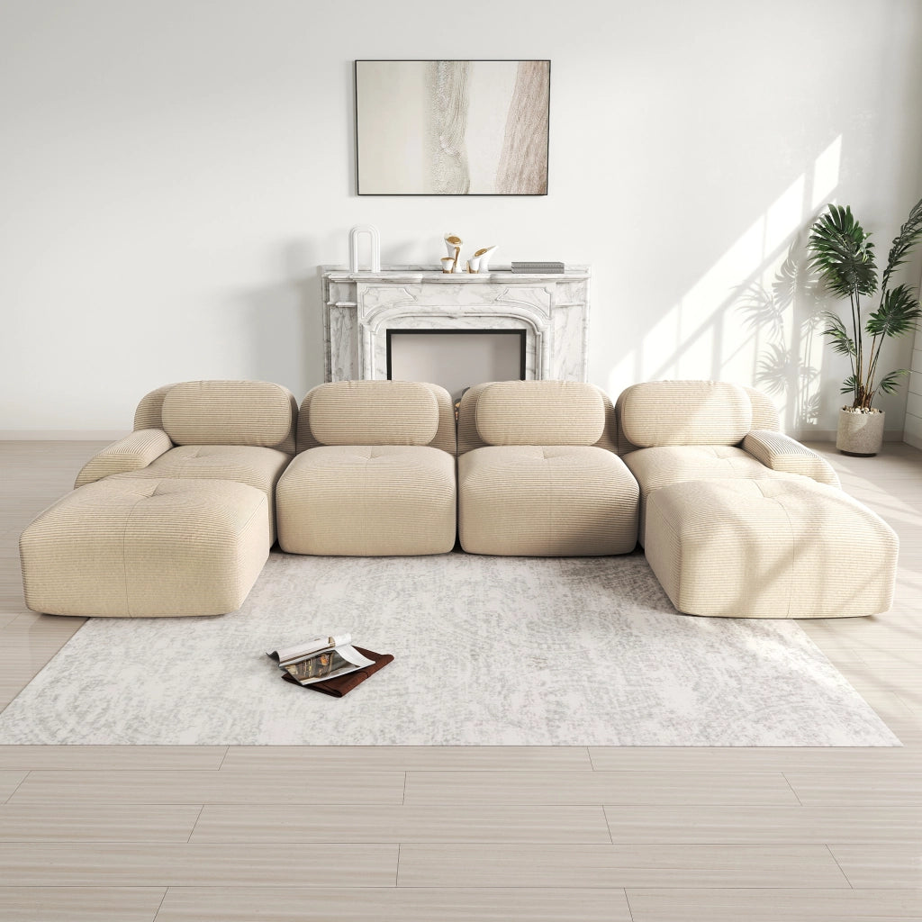 divano angolare modulare senza montaggio con design ergonomico e base antiscivolo in velluto a coste beige