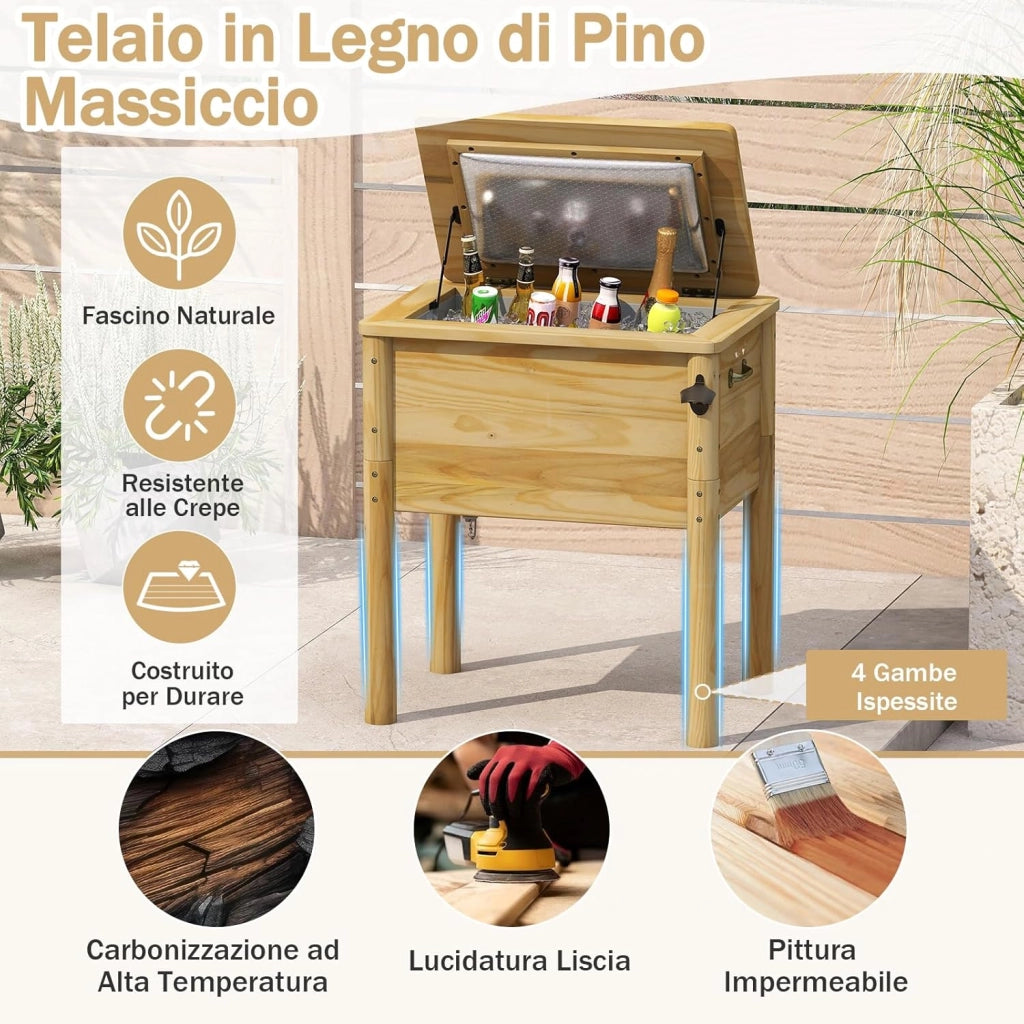 Carrello Porta Ghiaccio su Ruote 67 x 47 x 74 cm, Carrello Refrigerante da 51 L con 3 Maniglie e Apribottiglie, Frigorifero Portavivande da Esterno con Tappo di Drenaggio per Giardino