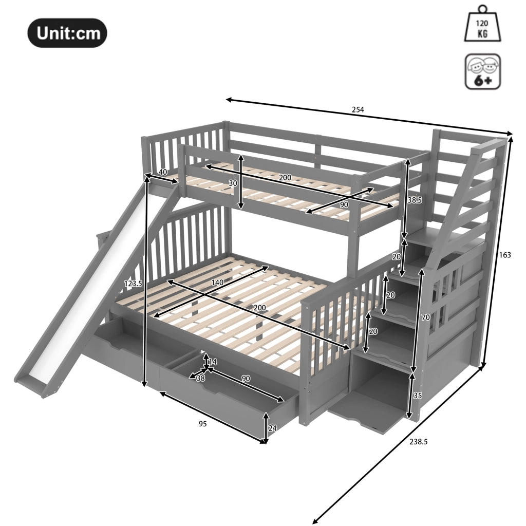 OKWISH Letto a Castello 90×200 cm e 140×200 cm, Letto 3 Posti con Contenitore, Cassetti e Scivolo, senza Materasso, Grigio