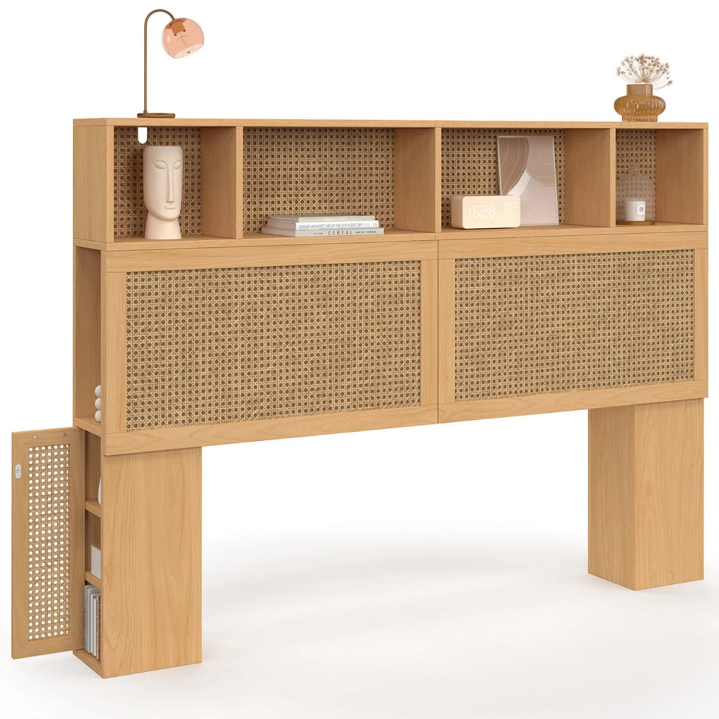 IDMarket - Testata EDHEN 145 cm con contenitore chiuso e nicchie in canna e legno