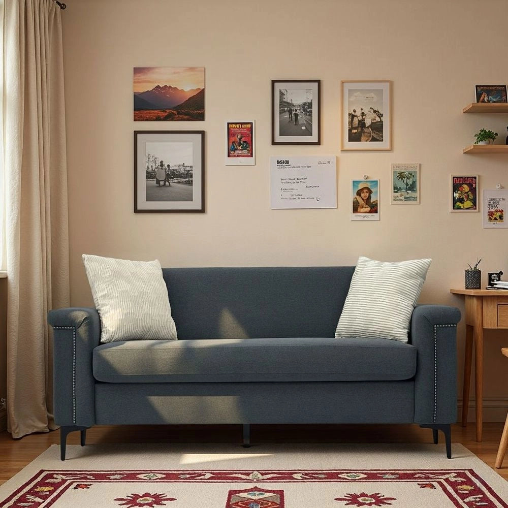 Divano 2 posti minimalista - Xylo - Piedi metallici, tessuto lino, grigio