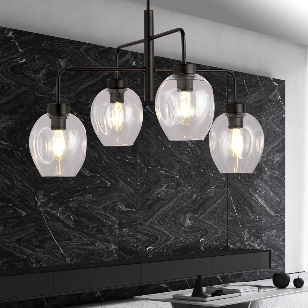 Lampadario Moderno 4 Luci Auriga In Accaio Nero E Vetro Trasparente